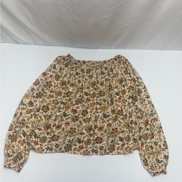 Faherty Floral Blouse in Cream and Brown Women’s LG Tie Neck Elastic at Wrist - Picture 10 of 11